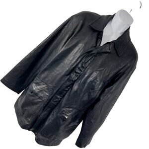 KENNETH COLE REACTION! BLACK GENUINE LAMB LEATHER STADIUM LENGTH COAT! SZ M